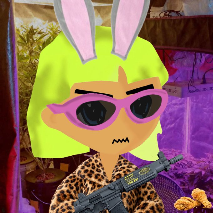 A neon-green-haired cartoon avatar wearing pink cat-eye sunglasses and a leopard print robe holds a black assault rifle marked "HK416 YOU!!" while chicken nuggets sit on the side. The image's edgy, trollish aesthetic with the firearm labeled at the viewer mirrors the post's dismissive, combative tone toward the HoodLords NFT project and its community.