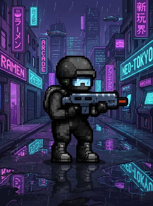 A pixel art soldier in tactical gear holds a futuristic rifle on a rainy neon-lit street in 'NEO-TOKYO' with Japanese signs and an Arcade in the background.