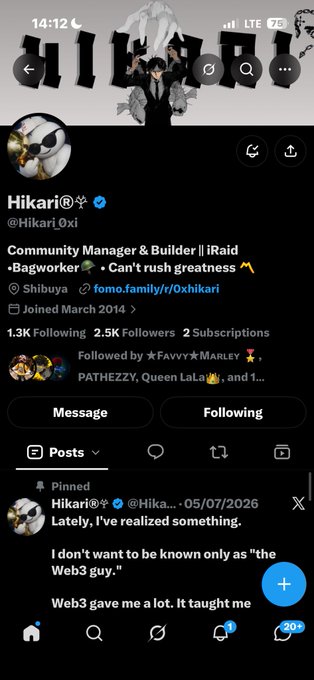 A Twitter profile screenshot for 'Hikari®' (@Hikari_0xi), a Community Manager & Builder at iRaid based in Shibuya, with a pinned post stating 'I don't want to be known only as "the Web3 guy."'