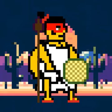 Pixel art animation of a character in yellow and white holding a circular object, set against a desert landscape with cacti and a dark sky.