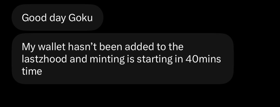 A screenshot of two dark-themed chat bubbles addressed to 'Goku', reading: 'Good day Goku' and 'My wallet hasn't been added to the lastzhood and minting is starting in 40mins time'.