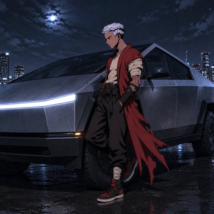 An anime-style illustration of a white-haired male character wearing a torn red cape and red high-top sneakers, leaning against a silver Cybertruck under a moonlit sky with a city skyline in the background.