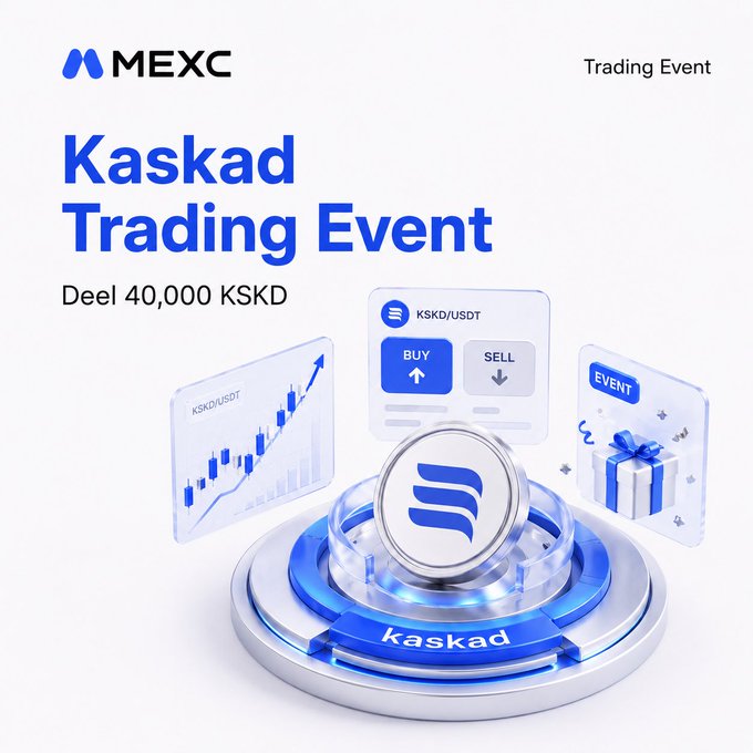 The image features a silver coin with blue swirls that says "Kaskad" on it. The background of the image is white, and there are three different designs or icons related to trading events for Kaskad. One design shows a graph with a blue line going up, another has a blue arrow pointing upwards, and the third one features a blue dollar sign with an upward-pointing arrow. These designs suggest that the coin might be used as a symbol of a Kaskad trade event or a Kaskad trading club. The post also mentions a fanclub event for MEXC, which could potentially be related to the Kaskad trading events.