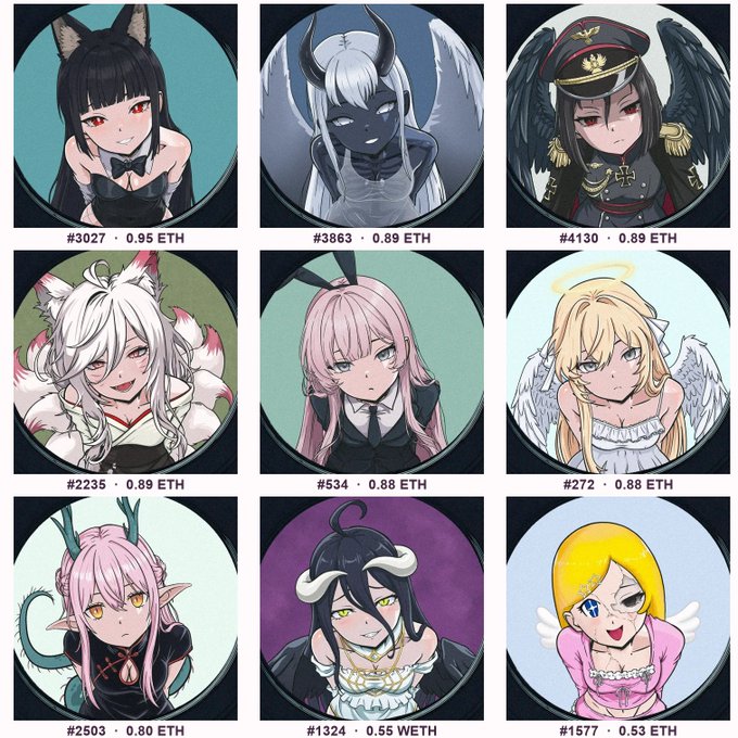 A grid of nine anime-style character avatars with various IDs and prices listed in ETH and WETH (e.g., '#3027 · 0.95 ETH', '#2503 · 0.80 ETH', '#1324 · 0.55 WETH').