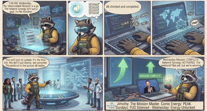A comic strip shows a raccoon character called "Jimothy" wearing a "TACTICAL" vest and goggles, completing a "Wednesday Mission" at 7:00 AM involving network syncing and code deployment across the globe. The final panel declares "MISSION COMPLETE" with "Network Synergy: ACTIVATED" and references Jimothy as "The Mission Master" with status updates for "FUD Silenced" and "Energy Unlocked," tying into the "$Jimothy" token reference and "GM" (good morning) greeting in the accompanying post.