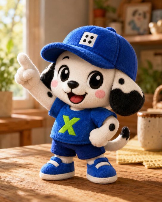 A plush toy of a smiling dalmatian puppy wearing a blue cap with four black dots and a blue outfit with a green 'X' on the chest.