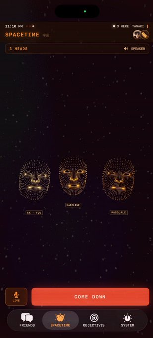 Mobile app interface for 'SPACETIME' showing a virtual conference room with three glowing 3D avatars labeled 'CK - YOU', 'MADELINE', and 'PASQUALE', with a 'COME DOWN' button at the bottom.