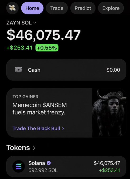 The image shows a cryptocurrency portfolio app displaying a ZAYN SOL wallet with a total balance of $46,075.47 (up +$253.41 or +0.55%), holding 592.992 SOL tokens and $0.00 cash. A promotional banner highlights "TOP GAINER: Memecoin $ANSEM fuels market frenzy," tying directly to the post's promotion of a $SOL and $ANSEM airdrop giveaway.