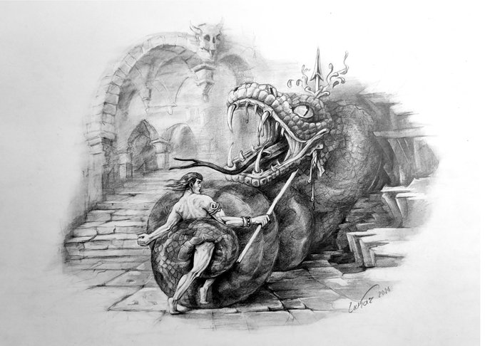 A detailed pencil drawing depicting a muscular warrior with a spear battling a giant serpent with a horned head inside a stone dungeon, signed by the artist.