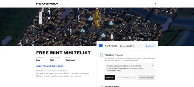 A Fomopoly webpage displays a “FREE MINT WHITELIST” sign-up page, showing fields such as “MINT PRICE,” “LAUNCH DATE,” “CHAIN,” “Apply for a whitelist spot,” and social promotion tasks.