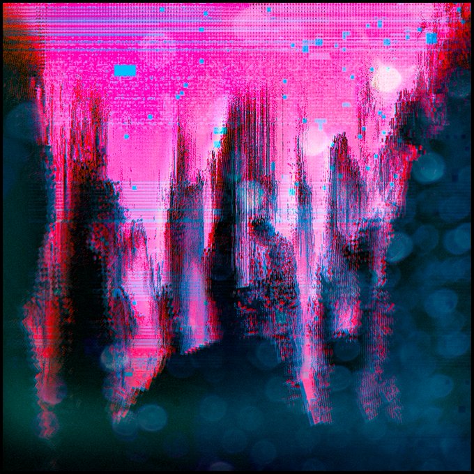 An abstract, glitchy digital artwork featuring vertical streaking in vibrant pink and dark teal colors with pixelated distortion effects.