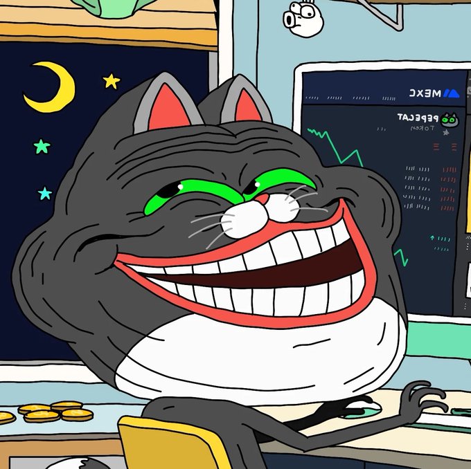 A cartoon illustration of a grinning dark gray cat with bright green eyes sitting at a desk with gold coins, with a monitor displaying 'MEXC' and a 'PEPE' chart in the background.
