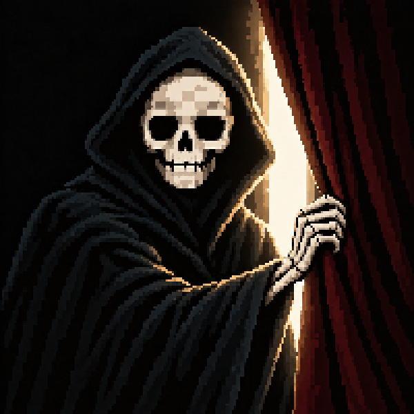 A pixel-art grim reaper cloaked in darkness peers through a parted crimson curtain, its skeletal hand pulling the drapes aside—evoking the dramatic unveiling of the FRONTONAUT public mint. The shrouded figure embodies the moment of revelation as the 0.001 ETH mint opens to all wallets.