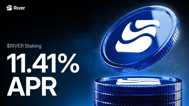 A promotional image for $RIVER Staking showing an 11.41% APR with a blue metallic coin featuring the River logo.