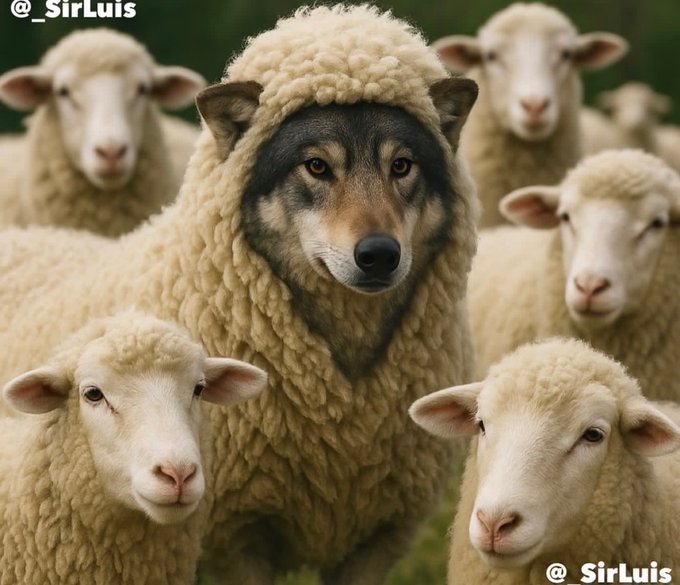 A wolf's face is hidden among a group of sheep, with the text "@_SirLuis" visible in both the top left and bottom right corners.