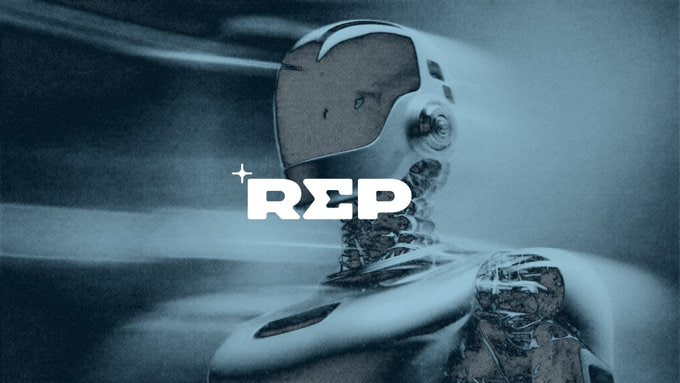 A futuristic humanoid robot with a metallic blue-toned finish and visible mechanical joints, overlaid with a white 'REP' logo.