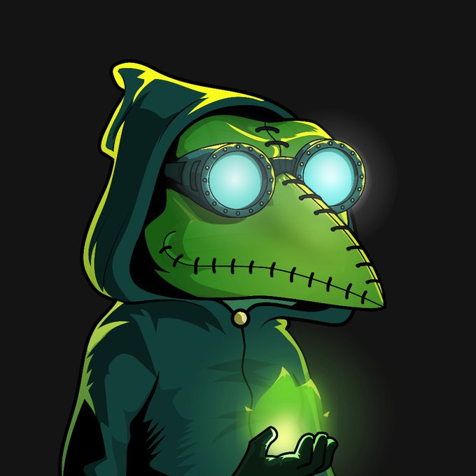 A hooded green creature wearing glowing goggles clutches a glowing green gem, fitting the mystical, crypto-themed aesthetic of Plague Labs' GTD project. The hooded figure's secretive, alchemist-like appearance ties into the "Have Plague Labs in your wallet" call to action, evoking themes of hidden digital treasure and magical blockchain assets.