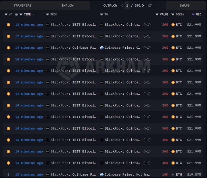 The image features a chart displaying various cryptocurrency names with their corresponding values. The chart also includes the name "BlackRock" at the top, indicating that some cryptocurrencies have been successfully moved from BlackRock's wallets onto another exchange platform. Specifically, it shows Bitcoins (BTC) moving over 3,900 $BTC and over 31K eth coins to Coinbase for an exchange worth nearly $350M combined. The chart is in black with various colors representing different cryptocurrency values, providing a clear visual representation of the transactions happening within the Bitcoin world.