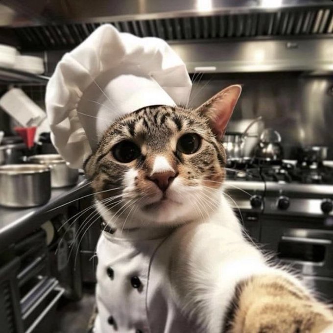 A tabby cat dressed in a white chef's uniform and tall toque takes a selfie in a professional kitchen, surrounded by stainless steel appliances.
