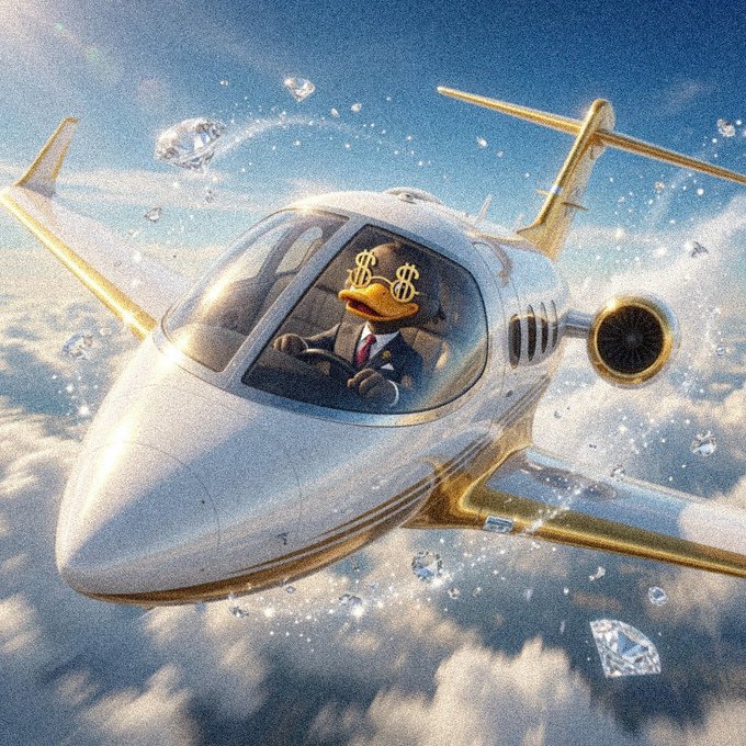 A wealthy duck in a business suit, dollar signs in his eyes, pilots a luxury private jet through clouds scattered with floating diamonds, symbolizing how Wallchain rewards quality and engagement over follower count by helping top content creators reach new heights of success.