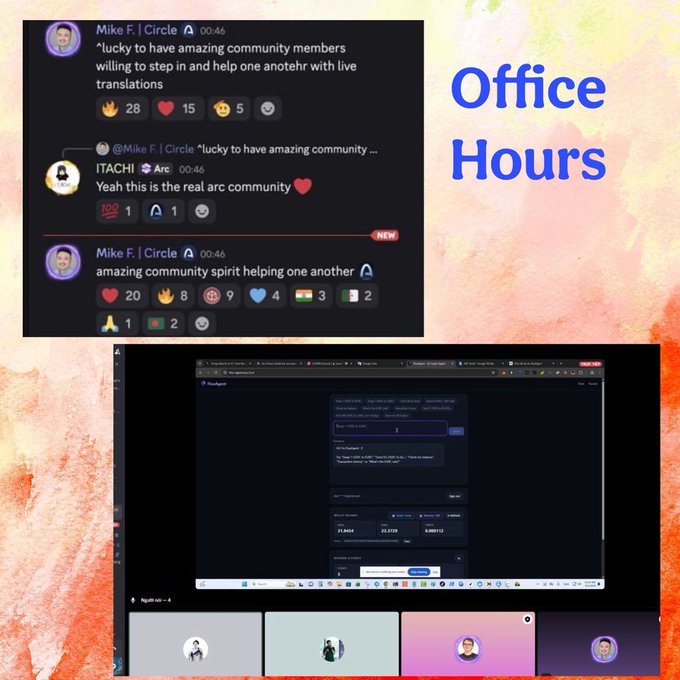 A collage labeled 'Office Hours' featuring Discord messages about community members helping with live translations, alongside a screenshot of a virtual meeting with the DeAgent.AI interface.