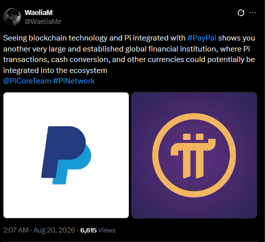A tweet from WaeliaM (@WaeliaMe) showing the PayPal and Pi Network logos, discussing blockchain technology and Pi integration with PayPal into the global financial ecosystem.
