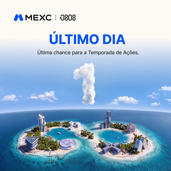 A MEXC promotional advertisement reading 'ÚLTIMO DIA' with the tagline 'Última chance para a Temporada de Ações,' featuring a tropical island shaped like the MEXC logo and a cloud forming the number '1'.