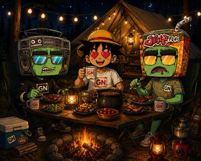 An illustrated cartoon scene of three green-skinned characters wearing sunglasses and 'GN' branded clothing, sharing a meal around a campfire at night under string lights.