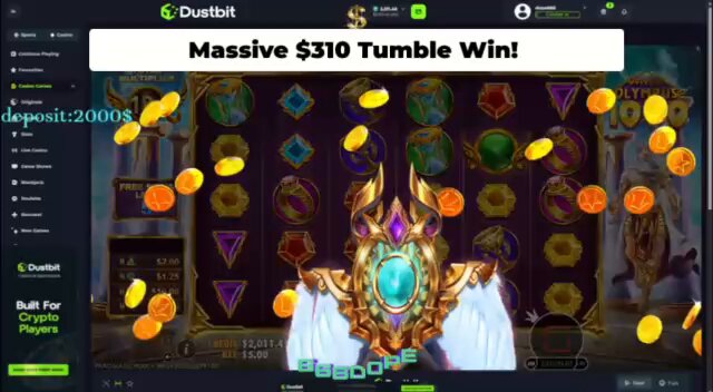 The image features a casino game screen that displays a large amount of money falling from the top left corner towards the bottom right corner. The text "I'VE tried a lot of crypto gaming platforms, and one thing that always stands out is how important the overall experience is" suggests that the player has had various experiences with different gaming platforms. The post about @DustbitOfficial emphasizes the importance of user satisfaction in the gaming world, which can be related to the casino game shown in the image.