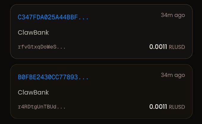 The image displays two transaction entries from "ClawBank" sent to different addresses (C347FDA025A44BBF... and B0FBE2430CC77893...) within the last 34 minutes, each for 0.0011 RLUSD, supporting the post's reference to #RLUSD and #AgenticPayments via the x402 protocol.