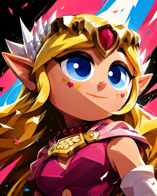 An anime-style illustration of a cheerful blonde elf-like female character with pointed ears, blue eyes, heart cheek markings, and a golden tiara featuring a red gem, set against a colorful explosive background.