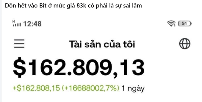 A screenshot showing an account balance in Vietnamese ('Tài sản của tôi') displaying $162,809.13 with a gain of +$162,808.15 (+16688002.7%) over 1 day; the caption above reads 'Đôn hết vào Bit ở mức giá 83k có phải là sự sai lầm' (Going all in on Bit at $83k, was that a mistake).