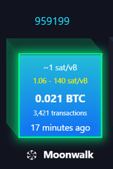A Moonwalk wallet transaction card showing wallet number 959199 with a balance range of ~1 sat/vB to 106-140 sat/vB, displaying a recent 0.021 BTC transaction (3,421 transactions, 17 minutes ago).
