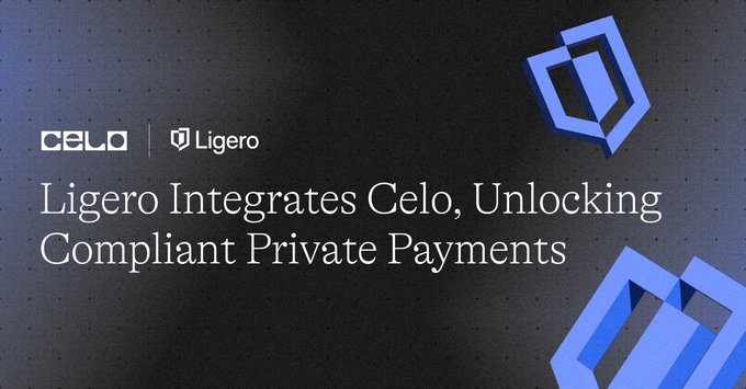 A dark promotional graphic features the CELO and Ligero logos alongside the headline "Ligero Integrates Celo, Unlocking Compliant Private Payments," with blue geometric shield icons decorating the corners. The image directly supports the announcement that Ligero has integrated Celo to enable compliant, privacy-preserving onchain transactions.