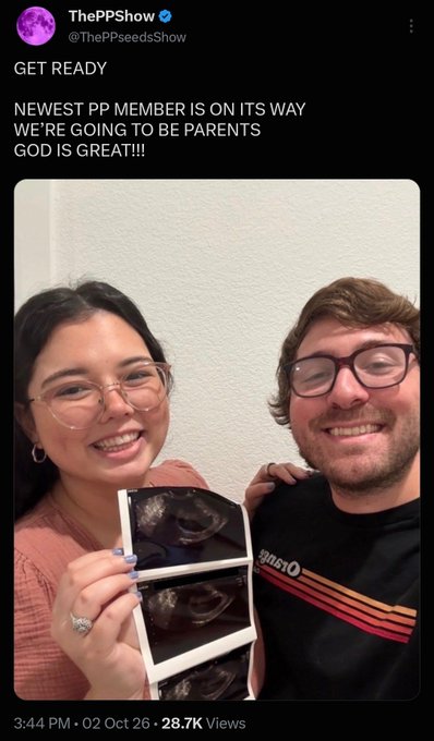 A tweet from ThePPShow (@ThePPseedsShow) announcing they are expecting a baby, featuring a photo of a smiling man and woman holding up an ultrasound image.