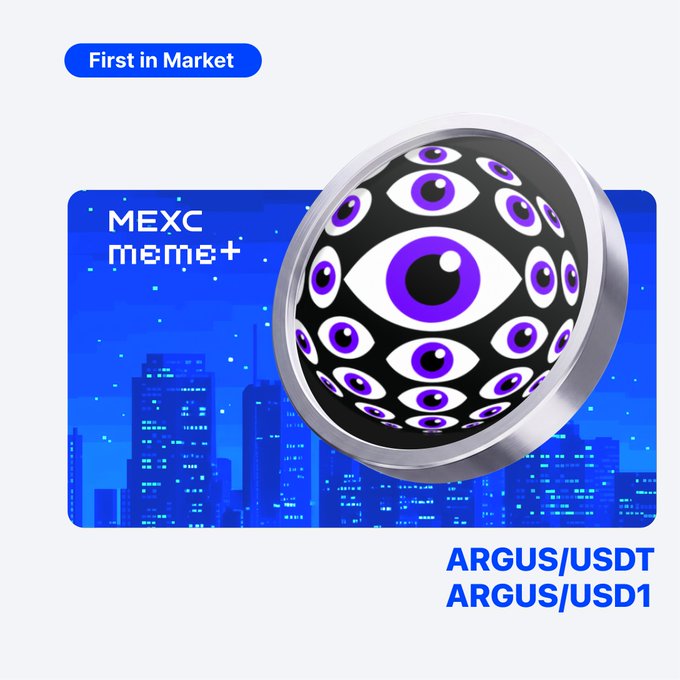 A promotional graphic for the MEXC Meme+ listing of the ARGUS token, featuring a silver coin adorned with purple eyes against a blue cityscape backdrop. The image highlights "First in Market" status and displays the trading pairs ARGUS/USDT and ARGUS/USD1, aligning with the announcement of Argus's voluntary, unsolicited listing on MEXC.