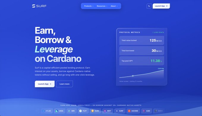 The Surf website homepage advertises 'Earn, Borrow & Leverage on Cardano' as a capital-efficient pooled lending protocol with protocol metrics including 125M ADA total value locked.
