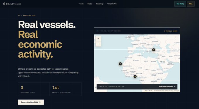 Screenshot of the Ethra Protocol website homepage featuring the headline 'Real vessels. Real economic activity.' with a map showing live maritime positions across Africa and Europe.