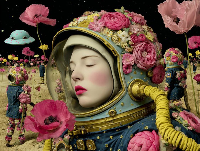A surreal digital artwork featuring a woman in a flower-adorned space helmet with closed eyes and rosy cheeks, surrounded by giant pink poppies and other astronaut figures in a dreamlike landscape.