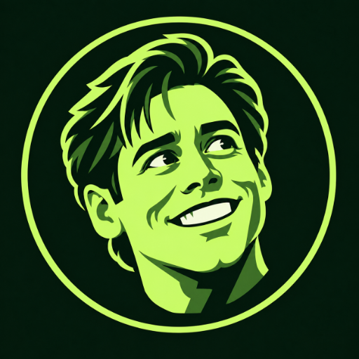 A stylized green-toned circular logo featuring a smiling man looking upward with tousled hair.