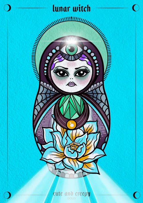 An illustration of a "lunar witch" depicted as a Russian nesting doll (matryoshka) with a mystical face, an eye on its forehead, and a lotus flower at the base, with the text "cute and creepy DOLLS".
