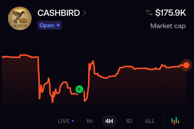 A chart of $CASHBIRD shows a market cap of $175.9K on Robinhood, displaying the token's significant dip and partial recovery over a 4-hour timeframe, reinforcing the post's claim that it is currently undervalued and still early for investors.