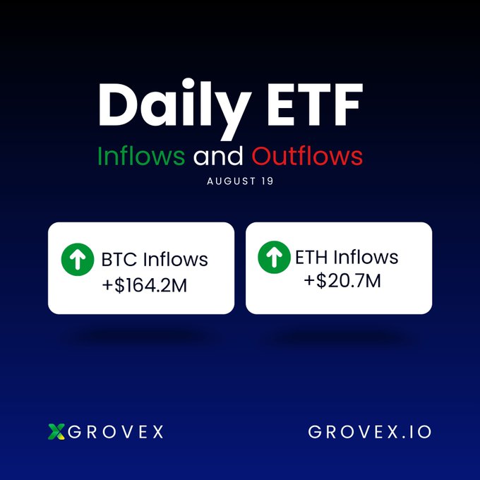 An infographic titled "Daily ETF Inflows and Outflows" for August 19 shows BTC Inflows of +$164.2M and ETH Inflows of +$20.7M, branded with "XGROVEX" and "GROVEX.IO".