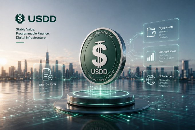 A promotional graphic for USDD stablecoin featuring 'Stable Value. Programmable Finance. Digital Infrastructure.' with a green coin displaying the USDD logo, alongside features like Digital Assets, DeFi Applications, Smart Contracts, and Global Access.