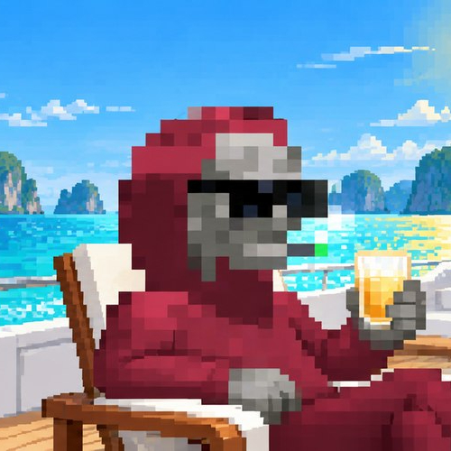 A pixel art illustration of a sloth dressed in a red Santa Claus outfit, wearing sunglasses and holding a beer mug while sitting on a beach chair with an ocean view in the background.