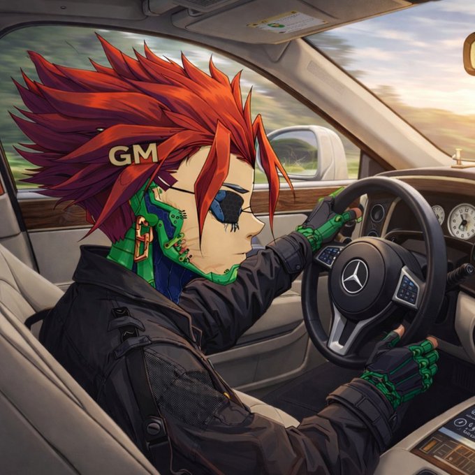 An anime-styled character with vibrant red hair and cybernetic green implants drives a Mercedes-Benz, with "GM" branded on their head, visually representing the post's theme of celebrating a correct Tria FC World Cup prediction and onchain rewards.