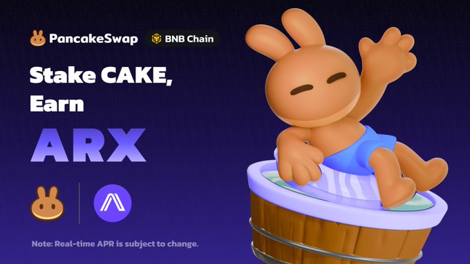 A PancakeSwap promotional graphic featuring their bunny mascot lounging in a syrup pool, advertising a new staking opportunity on BNB Chain with the headline "Stake CAKE, Earn ARX," alongside the PancakeSwap and Arcium (ARX) logos and a disclaimer that "Real-time APR is subject to change." The image visually reinforces the post's announcement of a new syrup pool where users can stake CAKE tokens to earn ARX rewards from the Arcium confidential supercomputer.