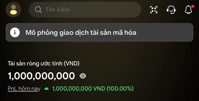 Vietnamese cryptocurrency exchange interface showing 'Mở phòng giao dịch tài sản mã hóa' (Open crypto asset trading) with estimated net assets of 1,000,000,000 VND and a 100% profit today.