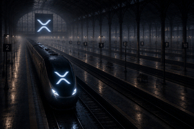 A dark, atmospheric digital artwork of a high-speed train with glowing blue X logos pulling into a dimly lit, cavernous railway station with multiple numbered platforms.