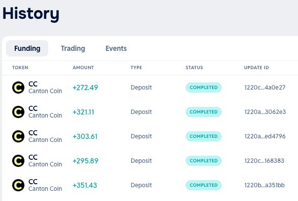 A transaction history page showing completed deposits of Canton Coin (CC) tokens with varying amounts like +272.49, +321.11, and +303.61.